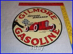 Vintage Gilmore Record Break Gasoline Car +flag 11 3/4 Porcelain Metal Oil Sign