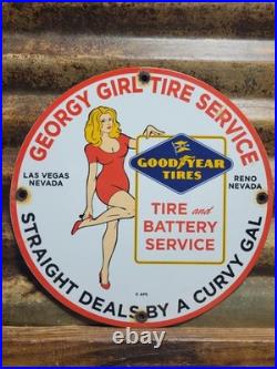 Vintage Goodyear Porcelain Sign Las Vegas Reno Gas Car Georgy Girl Tire Battery