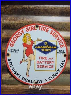 Vintage Goodyear Porcelain Sign Las Vegas Reno Gas Car Georgy Girl Tire Battery