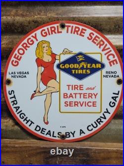 Vintage Goodyear Porcelain Sign Las Vegas Reno Gas Car Georgy Girl Tire Battery