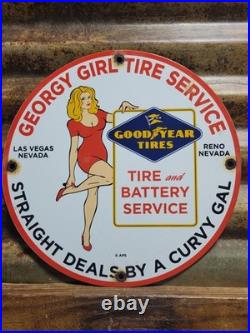 Vintage Goodyear Porcelain Sign Las Vegas Reno Gas Car Georgy Girl Tire Battery