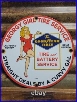 Vintage Goodyear Porcelain Sign Las Vegas Reno Gas Car Georgy Girl Tire Battery