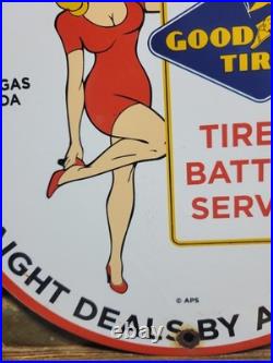 Vintage Goodyear Porcelain Sign Las Vegas Reno Gas Car Georgy Girl Tire Battery