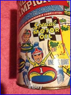 Vintage Grand Champion 1 Qt Oil Can With Race Car Graphic's Nice Can