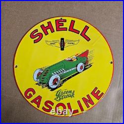 Vintage Green Car Shell Race Old Us Gasoline Oil Gas Pump Enamel Porcelain Sign