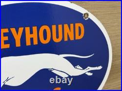 Vintage Greyhound Bus Line Porcelain Sign Gas Oil Depot Stop Yelloway Dog Auto