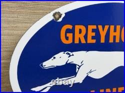 Vintage Greyhound Bus Line Porcelain Sign Gas Oil Depot Stop Yelloway Dog Auto