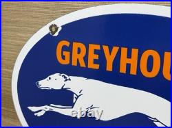 Vintage Greyhound Bus Line Porcelain Sign Gas Oil Depot Stop Yelloway Dog Auto