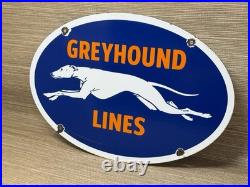 Vintage Greyhound Bus Line Porcelain Sign Gas Oil Depot Stop Yelloway Dog Auto