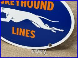 Vintage Greyhound Bus Line Porcelain Sign Gas Oil Depot Stop Yelloway Dog Auto