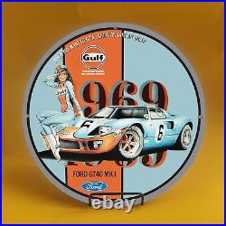 Vintage Gulf 1969 Gasoline Porcelain Gas Service Station Auto Pump Plate Sign