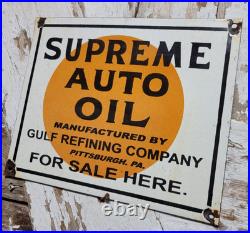 Vintage Gulf Porcelain Sign Supreme Auto Oil Gas Pump Plate For Sale Here Penna