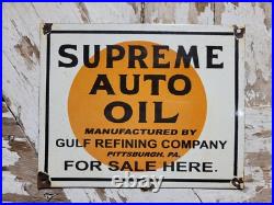 Vintage Gulf Porcelain Sign Supreme Auto Oil Gas Pump Plate For Sale Here Penna