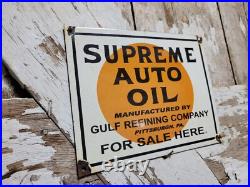 Vintage Gulf Porcelain Sign Supreme Auto Oil Gas Pump Plate For Sale Here Penna