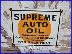 Vintage Gulf Porcelain Sign Supreme Auto Oil Gas Pump Plate For Sale Here Penna