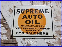 Vintage Gulf Porcelain Sign Supreme Auto Oil Gas Pump Plate For Sale Here Penna