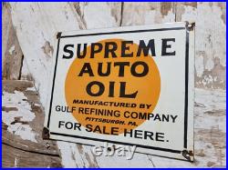 Vintage Gulf Porcelain Sign Supreme Auto Oil Gas Pump Plate For Sale Here Penna