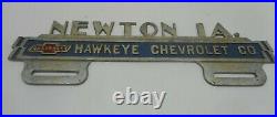 Vintage HAWKEYE CHEVROLET CHEVY NEWTON IA Advertising License Plate Topper Sign