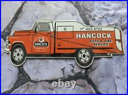 Vintage Hancock Auto And Tire Service Tanker Porcelain Sign 12×5