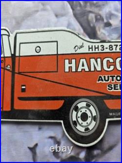Vintage Hancock Auto And Tire Service Tanker Porcelain Sign 12×5