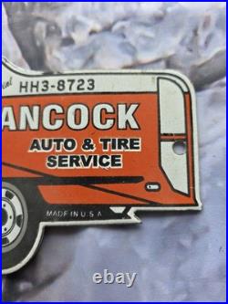 Vintage Hancock Auto And Tire Service Tanker Porcelain Sign 12×5