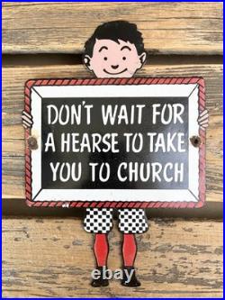 Vintage Hearse Boy Sign Motor Oil Service Church Gasoline Porcelain Gas Sign