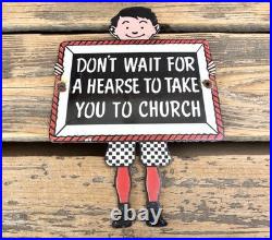 Vintage Hearse Boy Sign Motor Oil Service Church Gasoline Porcelain Gas Sign