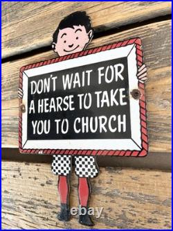 Vintage Hearse Boy Sign Motor Oil Service Church Gasoline Porcelain Gas Sign