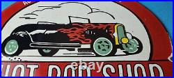 Vintage Hot Rod Shop Sign Racing Equipment Auto Gas Pump Porcelain Sign