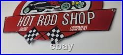Vintage Hot Rod Shop Sign Racing Equipment Auto Gas Pump Porcelain Sign