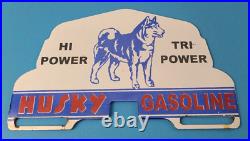 Vintage Husky Gasoline Sign Topper Gas Auto Car Porcelain License Plate Topper