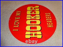 Vintage I Love My Hooker Headers 11 3/4 Porcelain Metal Car, Gasoline Oil Sign