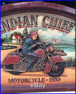 Vintage Indian Chief Motorcycle 1953 Hand painted 3D Wooden Sign very Rare
