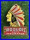 Vintage-Iroquois-Auto-Insurance-Porcelain-Sign-Native-Chief-Car-Gas-Oil-Service-01-vzwp