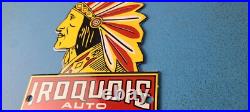 Vintage Iroquois Auto Insurance Sign Indian Head Dress Gas Pump Porcelain Sign