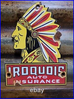 Vintage Iroquois Porcelain Sign Auto Insurance Chief Gas Oil Lube American Car