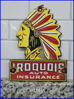 Vintage Iroquois Porcelain Sign Auto Insurance Chief Gas Oil Lube Americangarage