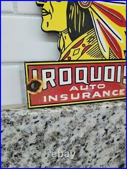 Vintage Iroquois Porcelain Sign Metal Auto Insurance Chief Gas Oil Lube Garage
