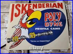 Vintage Iskenderian Porcelain Sign 30 Old Poly Dyne Car Auto Parts Profile Cams