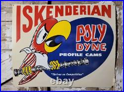 Vintage Iskenderian Porcelain Sign 30 Old Poly Dyne Car Auto Parts Profile Cams
