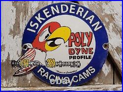 Vintage Iskenderian Porcelain Sign Poly Dyne Racing Cams Gas Auto Parts Car Oil