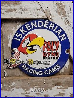 Vintage Iskenderian Porcelain Sign Poly Dyne Racing Cams Gas Auto Parts Car Oil