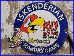 Vintage Iskenderian Porcelain Sign Poly Dyne Racing Cams Gas Auto Parts Car Oil