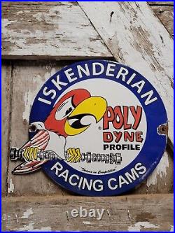 Vintage Iskenderian Porcelain Sign Poly Dyne Racing Cams Gas Auto Parts Car Oil