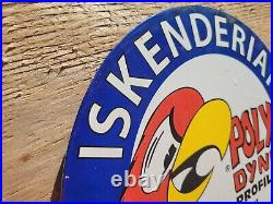 Vintage Iskenderian Porcelain Sign Poly Dyne Racing Cams Gas Auto Parts Car Oil