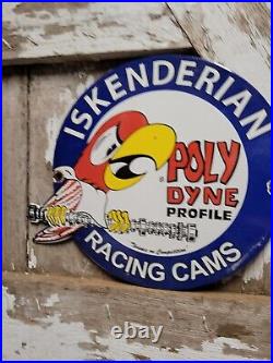 Vintage Iskenderian Porcelain Sign Poly Dyne Racing Cams Gas Auto Parts Car Oil