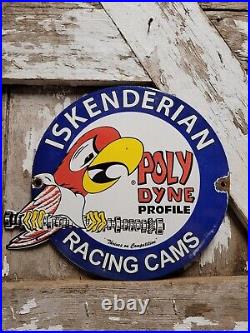 Vintage Iskenderian Porcelain Sign Poly Dyne Racing Cams Gas Auto Parts Car Oil