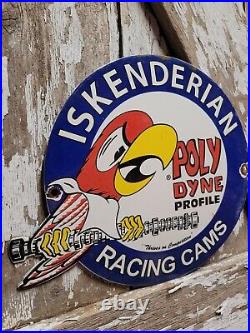 Vintage Iskenderian Porcelain Sign Poly Dyne Racing Cams Gas Auto Parts Car Oil