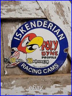 Vintage Iskenderian Porcelain Sign Poly Dyne Racing Cams Gas Auto Parts Car Oil