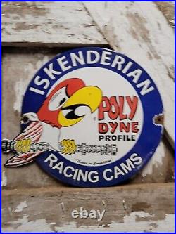 Vintage Iskenderian Porcelain Sign Poly Dyne Racing Cams Gas Auto Parts Car Oil